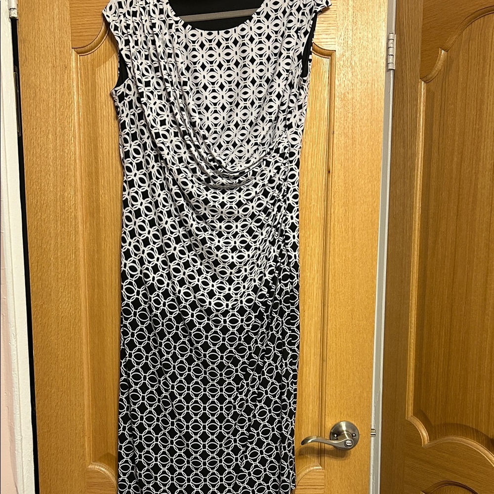 Dress Barn Black and White Ruched Cowl Neck Midi Dress